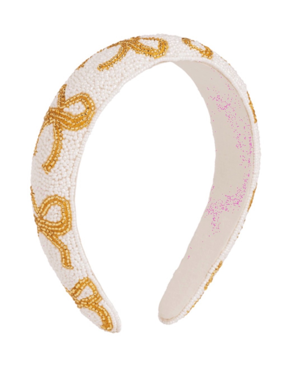 Mud Pie White Beaded Headband with Gold Bow Accents